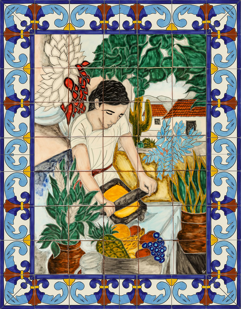 Grinding Woman Ceramic Tile Mural, Ceramic Tile Murals