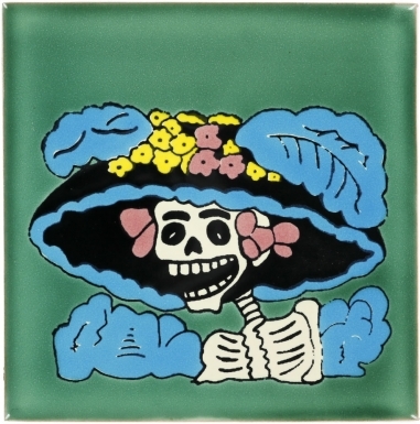 One MEXICAN Hi Relief 4" Day of the Dead Cat chilli ristras Talavera Tile DDT-11 