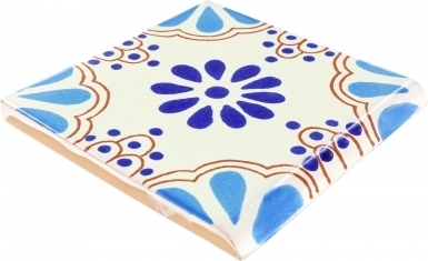 4.25" x 4.25" Surface Bullnose: Blue Turquoise & Blue Lace - Talavera Mexican Tile