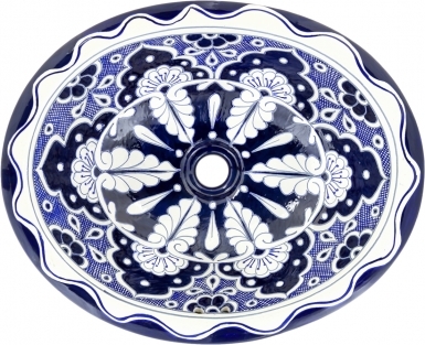 Blue Lace on Pure White Talavera Ceramic Oval Drop In Bathroom Sink